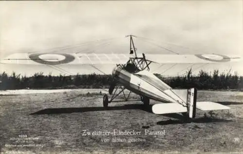 Ak Zweisitzer Eindecker Parasol von hinten gesehen, Kampfflugzeug, Sanke 1033