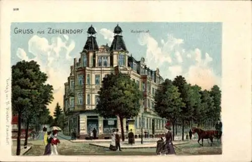 Litho Berlin Zehlendorf, Kaiserhof, Passanten, Kutsche, Damen mit Schirm
