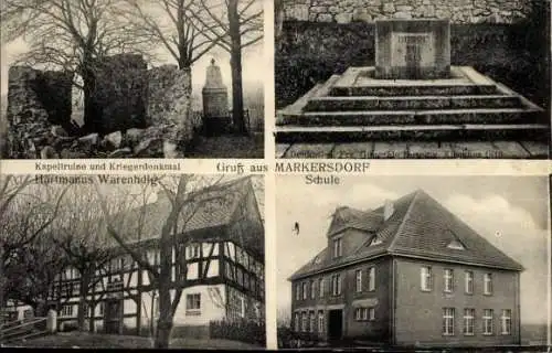 Ak Markersdorf in Sachsen, Schule, Kapellruine, Kriegerdenkmal, Hartmanns Warenhandlung