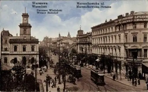 Ak Warszawa Warschau Polen, Marschallkowskastraße, Wiener Bahnhof, Geschäftshäuser, Straßenbahn