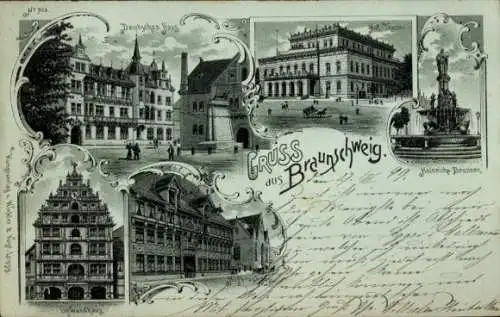 Litho Braunschweig in Niedersachsen, Deutsches Haus, Heinrichs-Brunnen, Hoftheater