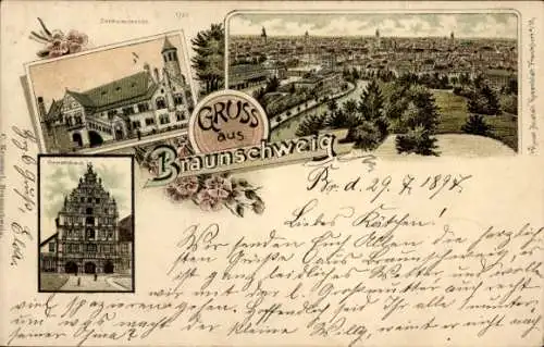 Litho Braunschweig in Niedersachsen, Dankwarderode, Gewandhaus, Totalansicht