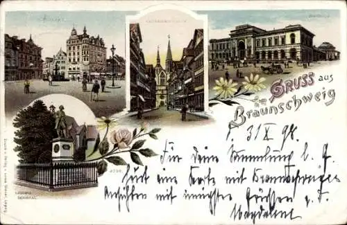 Litho Braunschweig in Niedersachsen, Catharinen Kirche, Markt, Bahnhof, Lessing Denkmal