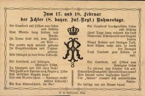 Ak Ruhmestag, 8. Bayer. Infanterie-Regiment, Gedicht, Bei Combres auf Höhen von Lehm...