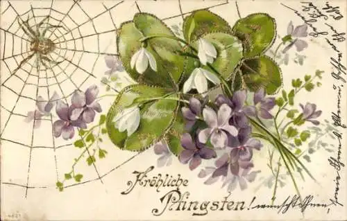 Präge Litho Glückwunsch Pfingsten, Spinne, Glücksklee, Blumen, Schneeglocken, Veilchen