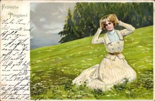 Künstler Litho Mailick, Frau mit Blumenkranz auf dem Kopf, Blumenwiese