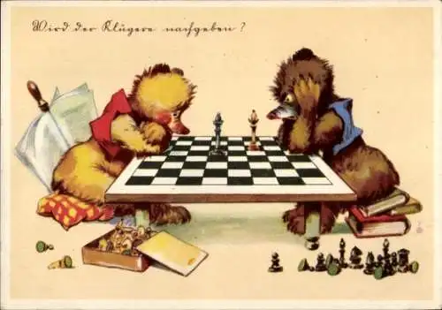 Künstler Ak Vermenschlichte Tiere spielen Schach, Wir der Klügere nachgeben