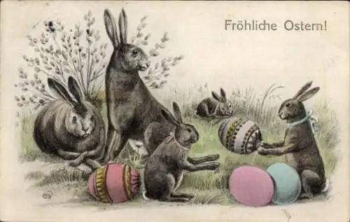 Ak Glückwunsch Ostern, Osterhasenfamilie, Ostereier, Weidenkätzchen