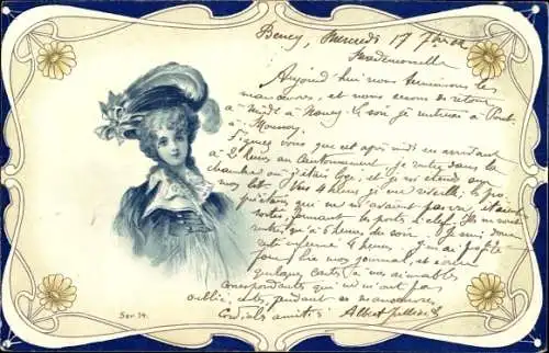 Jugendstil Passepartout Litho Portrait einer jungen Frau, Federhut