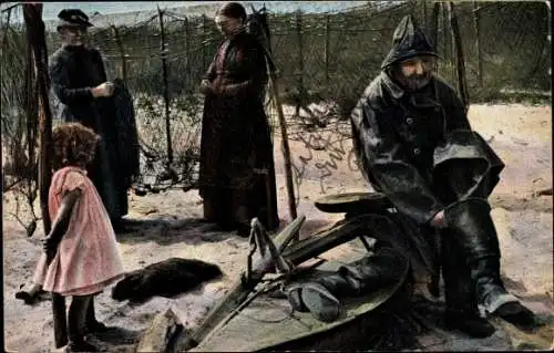 Ak Fischer auf einem Anker am Strand sitzend