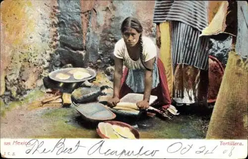 Ak Mexiko, Tortillera, Frau bei der Zubereitung von Tortillas, Maisfladen