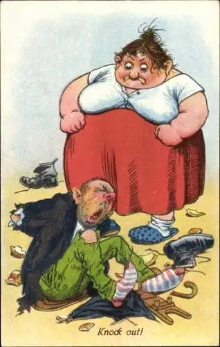 Künstler Ak Dicke wütende Frau hat Mann verprügelt