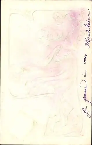 Jugendstil Präge Litho Frau im langen Kleid