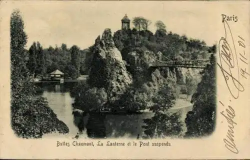 Relief Ak Paris XIX. Buttes Chaumont, La Lanterne, Hängebrücke