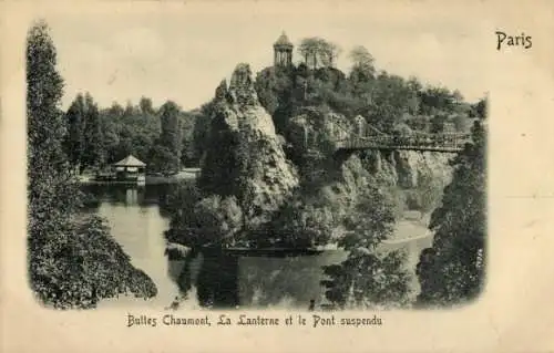 Relief Ak Paris XIX. Buttes Chaumont, La Lanterne, Hängebrücke