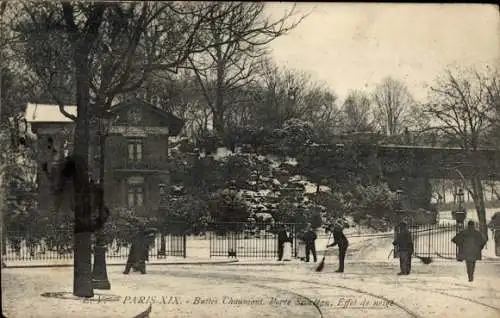 Ak Paris XIX. Buttes Chaumont, Tor, Schneeeffekt