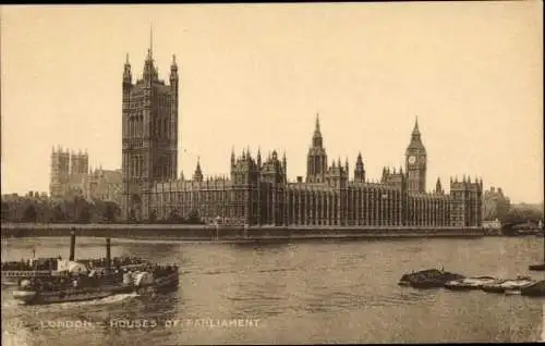 Ak London City England, Parlament, Raddampfer in Fahrt