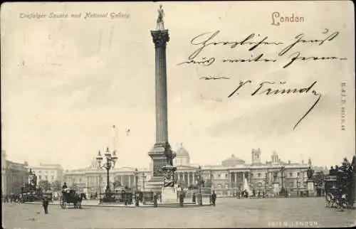 Ak London City England, Trafalgar Square und National Gallery