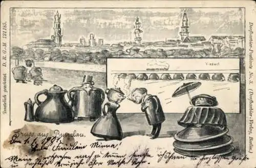 Künstler Ak Bolesławiec Bunzlau Schlesien, Gesamtansicht, Viadukt, Wasserkessel