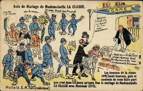 Ak-Heiratsanzeige von Mademoiselle La Classe, Monsieur Civil