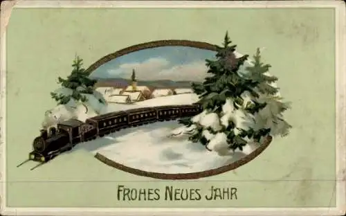 Ak Glückwunsch Neujahr, Eisenbahn, Tannenbäume