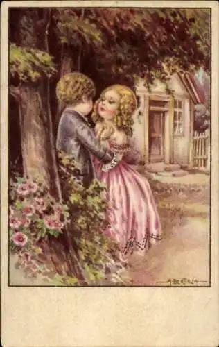 Künstler Ak Bertiglia, A., Liebespaar, Kinder, Garten