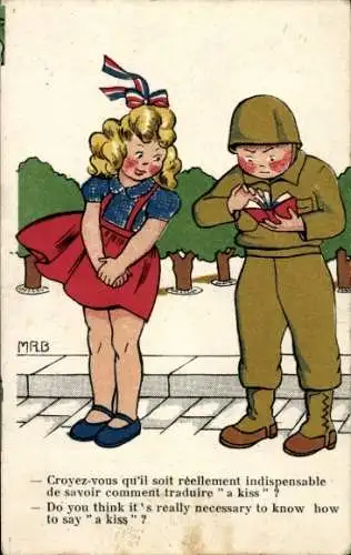 Künstler Ak Alliierter Soldat mit Wörterbuch, Mädchen wartet auf einen Kuss