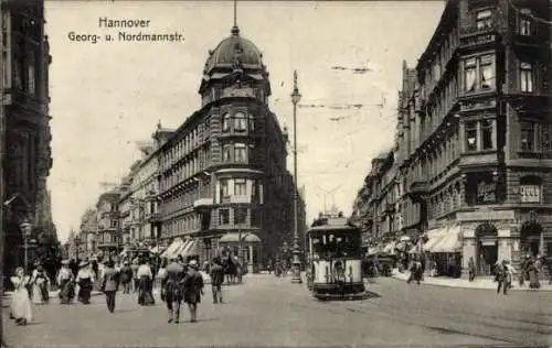 Ak Hannover, Georgstraße, Nordmannstraße, Straßenbahn, Geschäfte