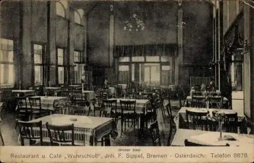 Ak Hansestadt Bremen, Osterdeich, Restaurant Café Wehrschloss, großer Saal