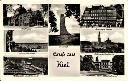 Ak Kiel, Ehrenmal, Stadttheater, Persianische Häuser, Rathaus, Universität, Kaiser-Wilhelm-Denkmal