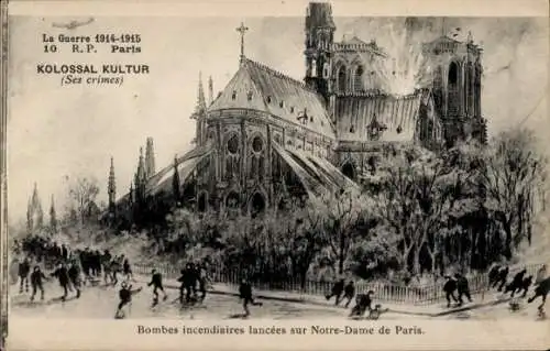 Ak Paris IV Ile de la Cité, Cathédrale Notre Dame, Bombes incendiaires lancees sur Notre Dame