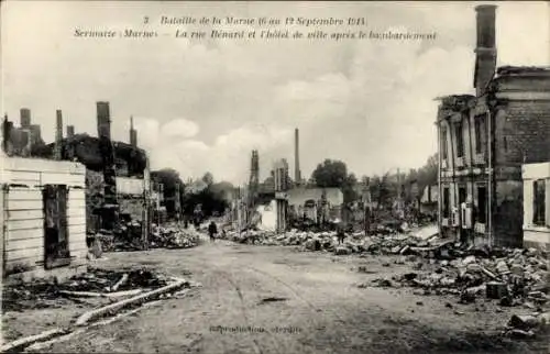 Ak Sermaize les Bains Marne, La rue Benard, Hotel de Ville, Apres le bombardement