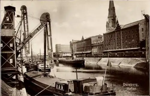 Ak Duisburg im Ruhrgebiet, Hafen, Schiffe, Kran