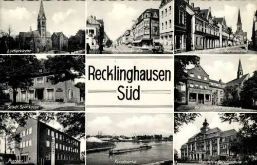 Ak Recklinghausen im Ruhrgebiet, Lutherkirche, Stadtsparkasse, Postamt, Handelsschule, Kanal