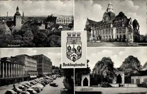 Ak Recklinghausen im Ruhrgebiet, Teilansicht, Rathaus, Markt, Ehrenmal, Wappen
