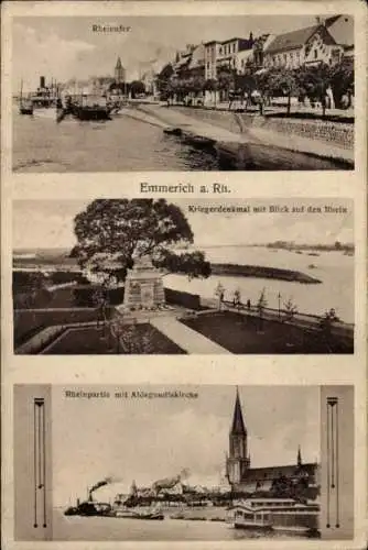 Ak Emmerich am Niederrhein, Rheinufer, Kriegerdenkmal mit Blick auf den Rhein, Aldegundiskirche