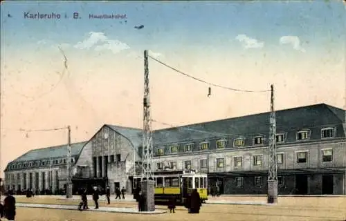 Ak Karlsruhe in Baden, Hauptbahnhof, Außenansicht, Straßenbahn