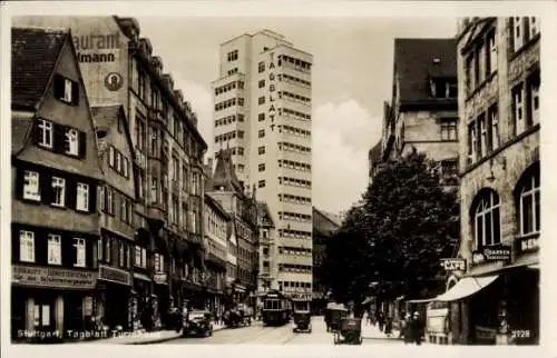 Ak Stuttgart in Württemberg, Tagblatt Turmhaus, Straßenszene, Straßenbahn