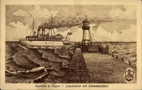 Ak Sassnitz auf Rügen, Leuchtturm mit Schwedenfähre