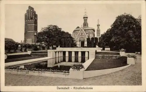 Ak Darmstadt, Künstlerkolonie mit Brunnen