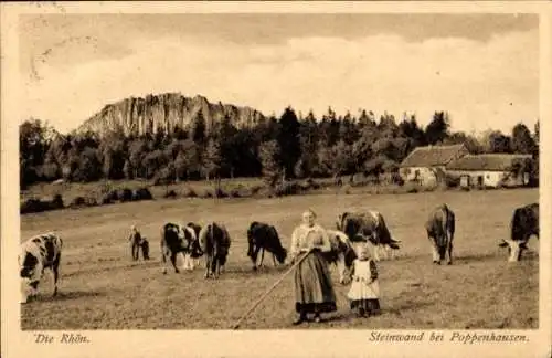 Ak Poppenhausen an der Wasserkuppe Rhön, Steinwand, Kuhherde, Bäuerin, Kind