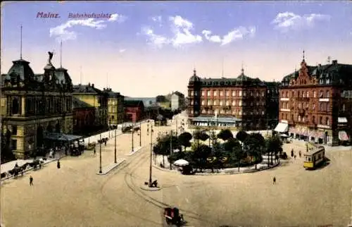 Ak Mainz am Rhein, Bahnhofsplatz, Straßenbahn