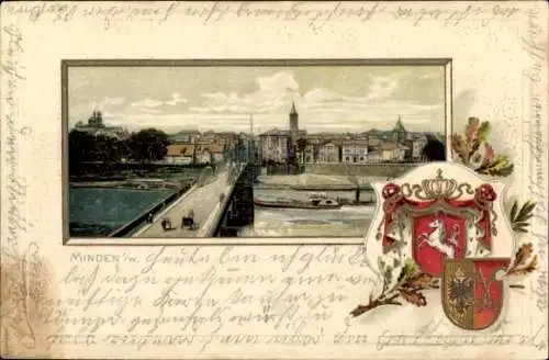 Präge Wappen Ak Minden in Westfalen, Brücke, Blick auf den Ort