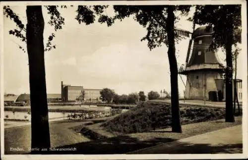 Ak Emden in Ostfriesland, Schwanenteich, Windmühle