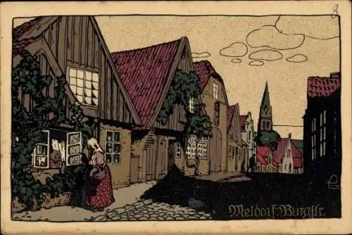 Steindruck Ak Meldorf in Dithmarschen, Burgstraße, Kirchturm