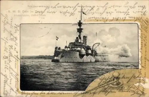 Passepartout Ak Deutsches Kriegsschiff SMS Odin im Salut, Küstenpanzerschiff, Kaiserliche Marine