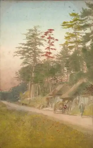 Ak Japan, Straßenpartie, Häuser, Bäume, Fuhrwerk