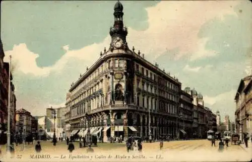Ak Madrid Spanien, La Equitatica, Calle de Alcala, Calle Sevilla