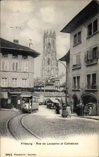 Ak Fribourg Freiburg Stadt Schweiz, Lausanne Straße, Kathedrale, Straßenbahn