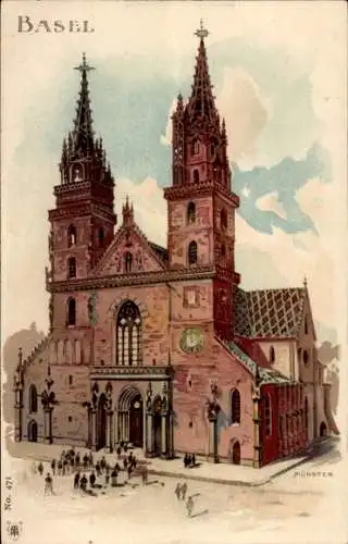 Litho Bâle Basel Stadt Schweiz, Ansicht vom Münster